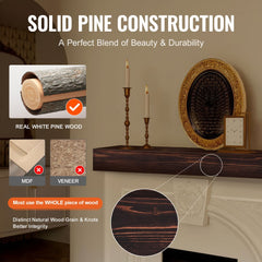 Rustic brown 48-inch floating fireplace mantel shelf made of solid pine wood with natural grain.