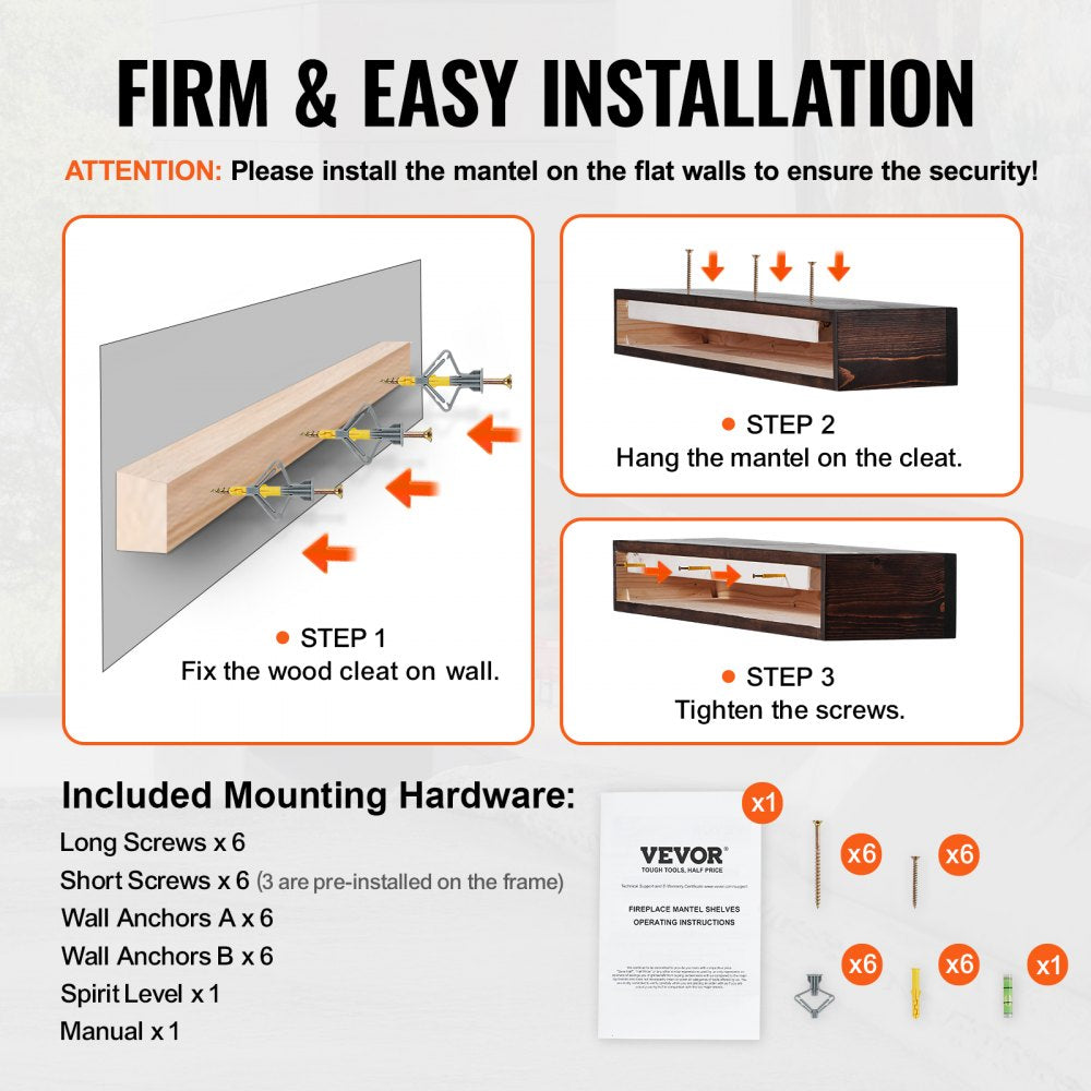 Diagram of firm and easy installation steps for 48-inch rustic brown floating fireplace mantel shelf, showing wall mounting with included hardware.