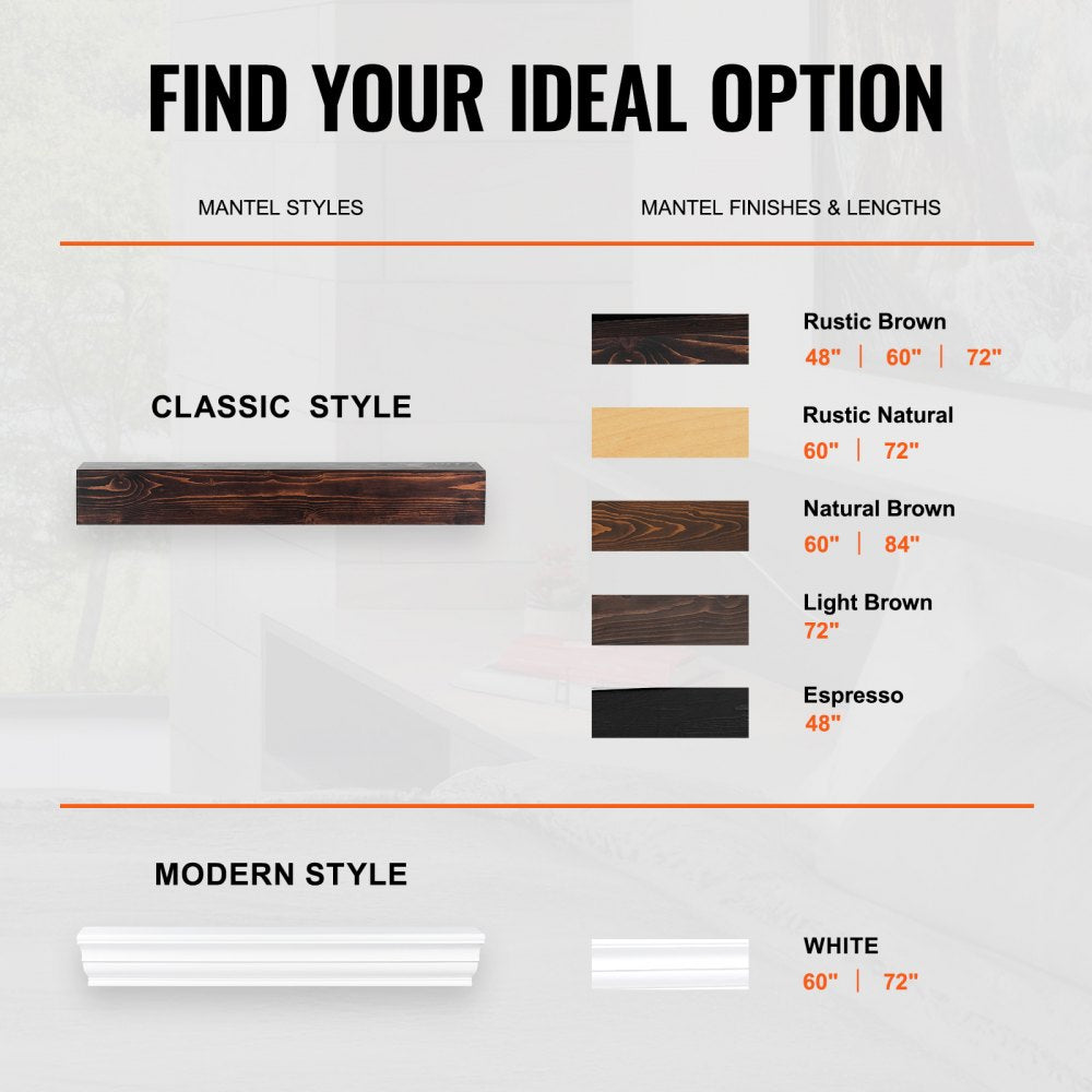 48-inch rustic brown floating fireplace mantel shelf in solid pine wood, with classic and modern styles shown in various finishes and lengths.