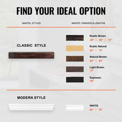 48-inch rustic brown floating fireplace mantel shelf in solid pine wood, with classic and modern styles shown in various finishes and lengths.