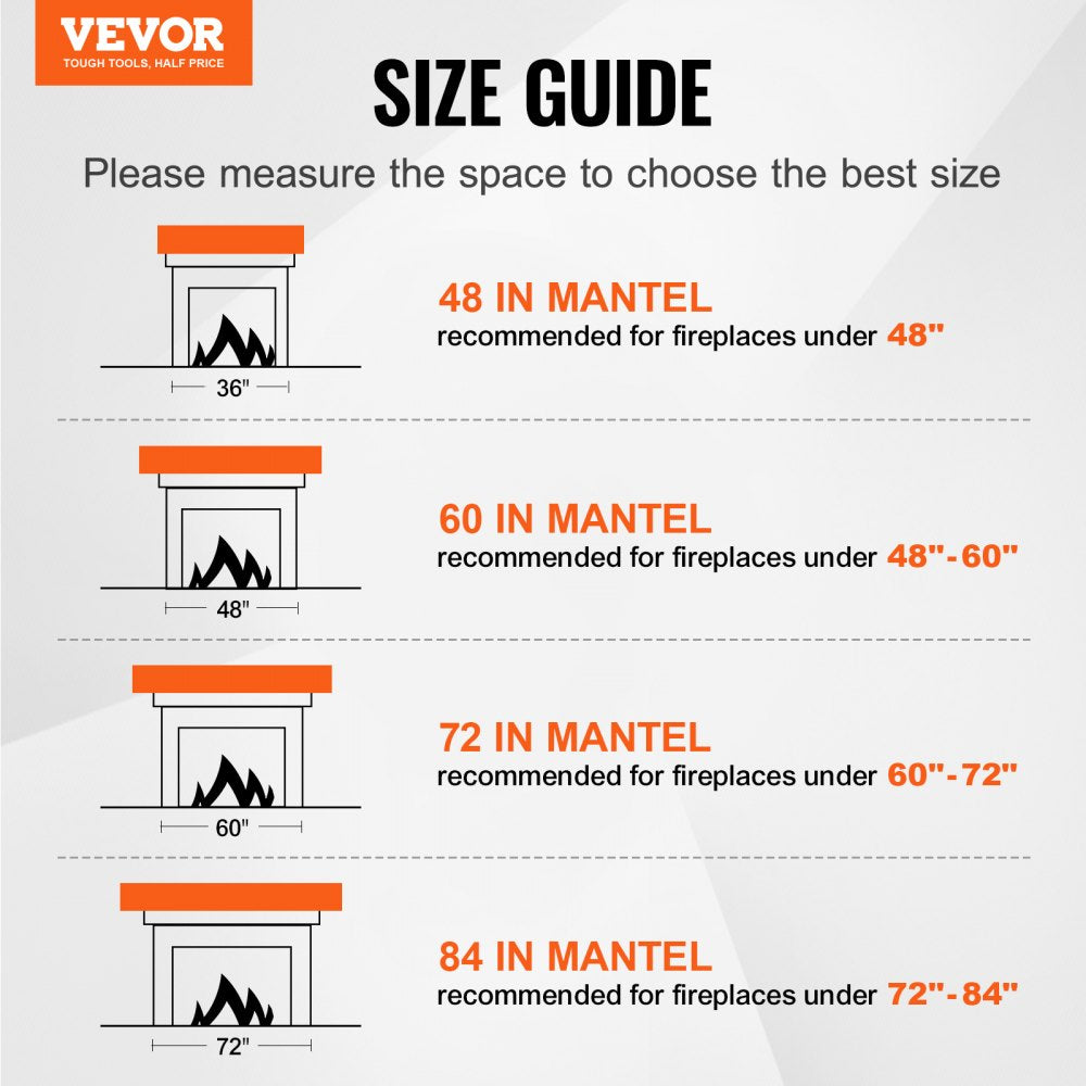 Size guide for 48-inch, 60-inch, 72-inch, and 84-inch fireplace mantels with measurement diagrams.