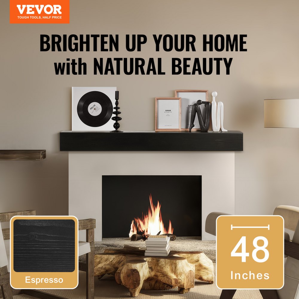 Espresso floating fireplace mantel shelf made of solid white pine wood, 48 inches long.