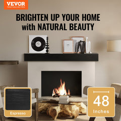 Espresso floating fireplace mantel shelf made of solid white pine wood, 48 inches long.