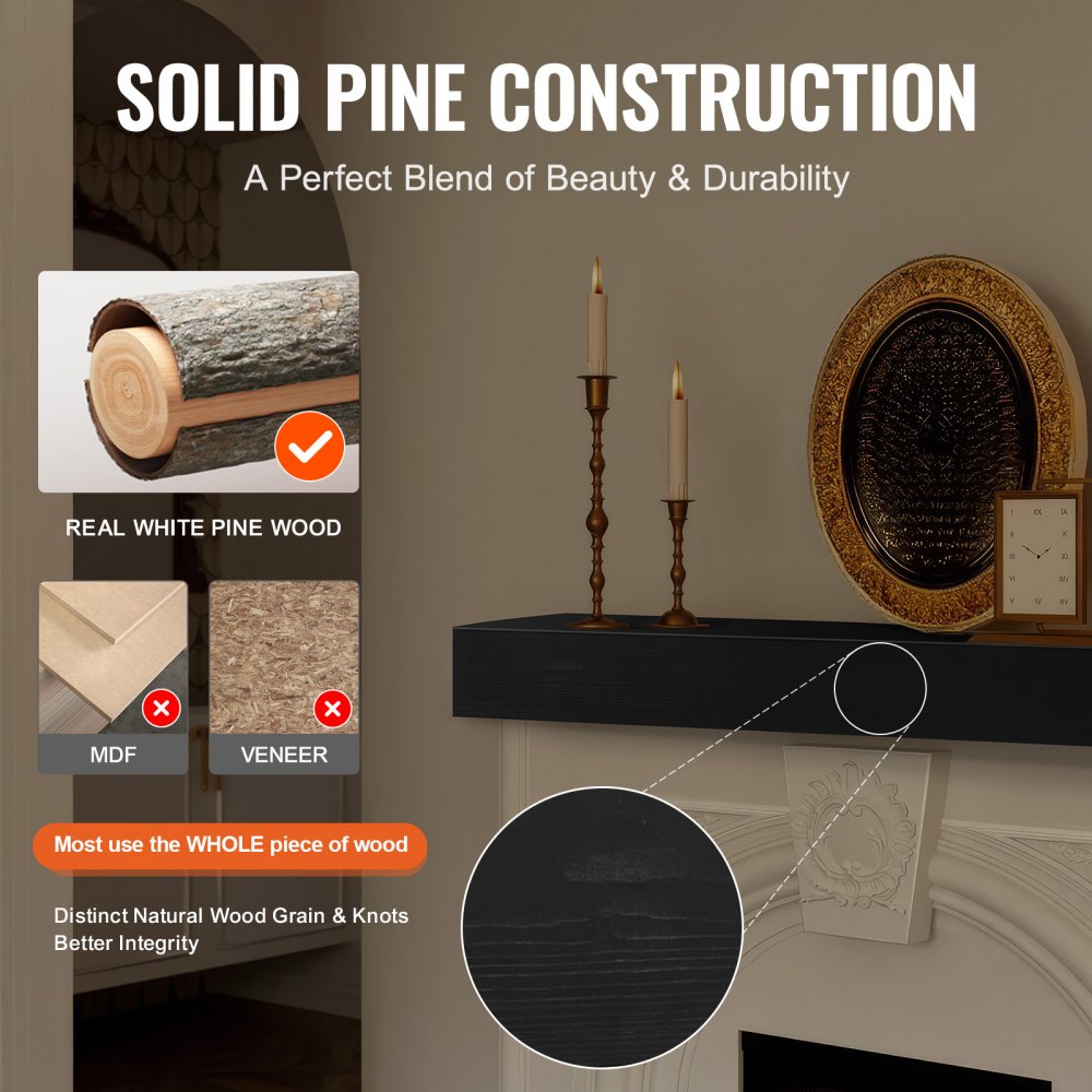 Espresso floating fireplace mantel shelf made of solid white pine wood, 48 inches long.