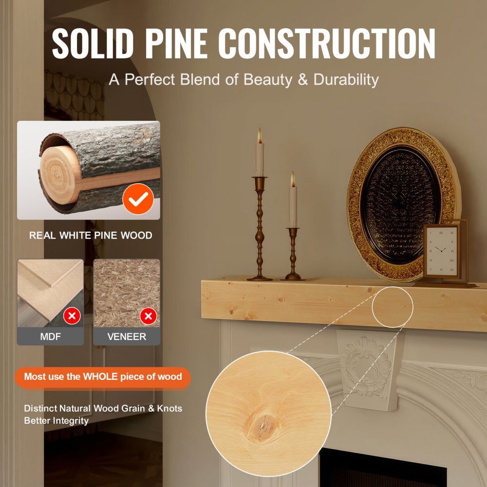 Bostome rustic natural pine wood floating mantel shelf, 60 inches long with visible grain and knots.