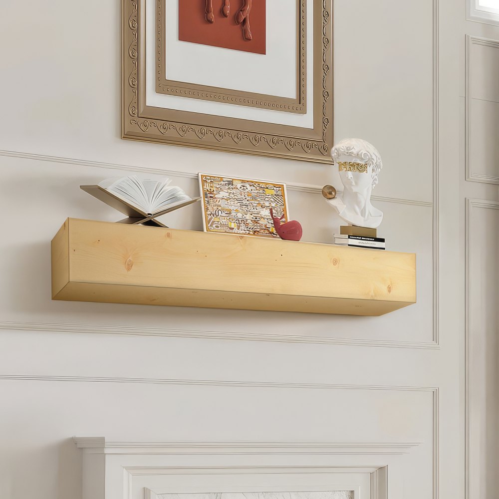 Rustic natural pine wood floating mantel shelf, 60 inches long with visible grain and knots.