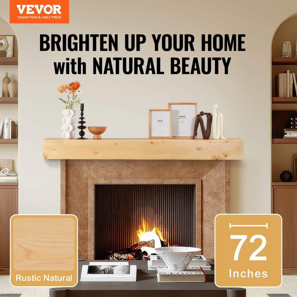 Bostome 72" floating fireplace mantel shelf made of rustic natural pine wood with visible grain.