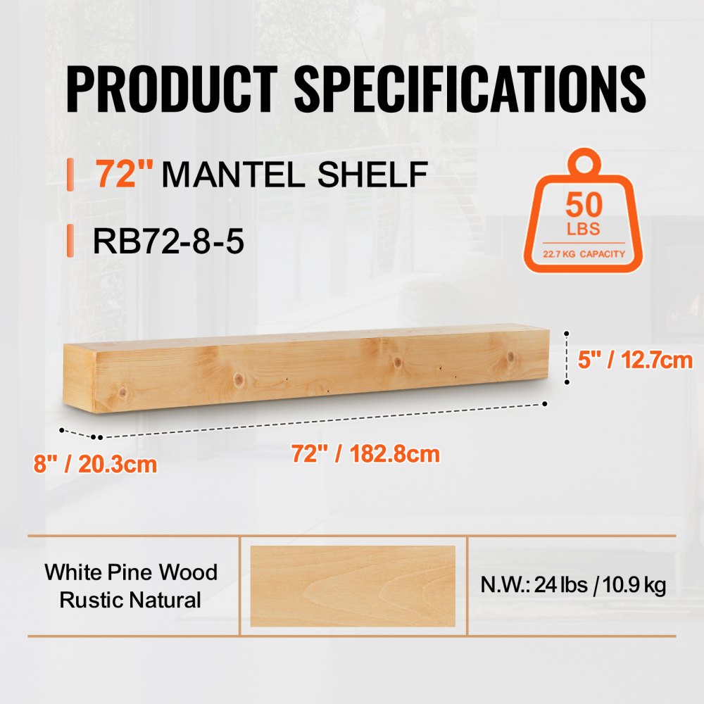 72-inch rustic natural pine wood floating fireplace mantel shelf with visible grain and knots.