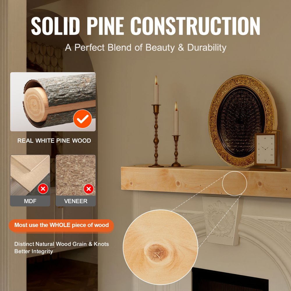 Bostome 72" floating mantel shelf made of rustic natural pine wood with visible grain and knots.