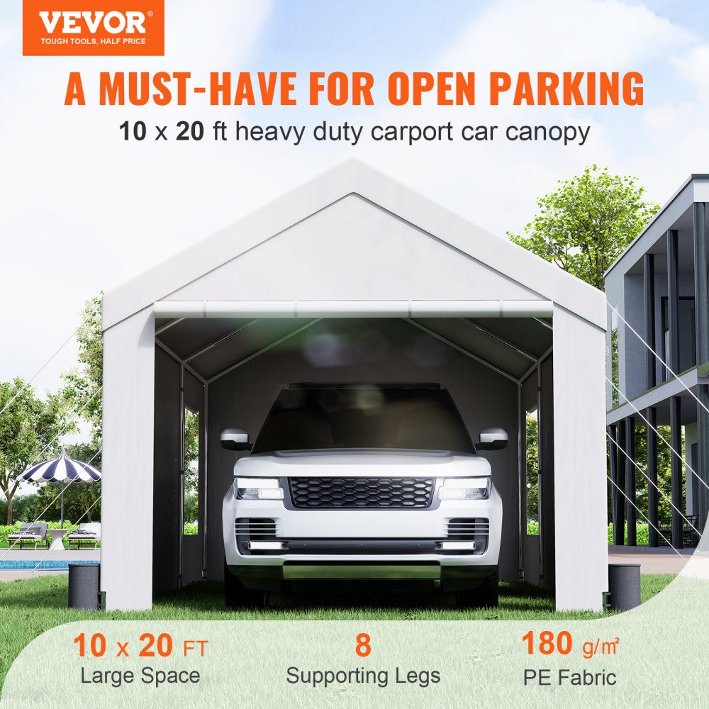 Carport, Heavy Duty 10x20ft Car Canopy, Outdoor Garage Shelter with Removable Sidewalls, Roll-up Ventilated Windows & Doors, UV Resistant Waterproof All-Season Tarp for Car, Truck, Boat, White