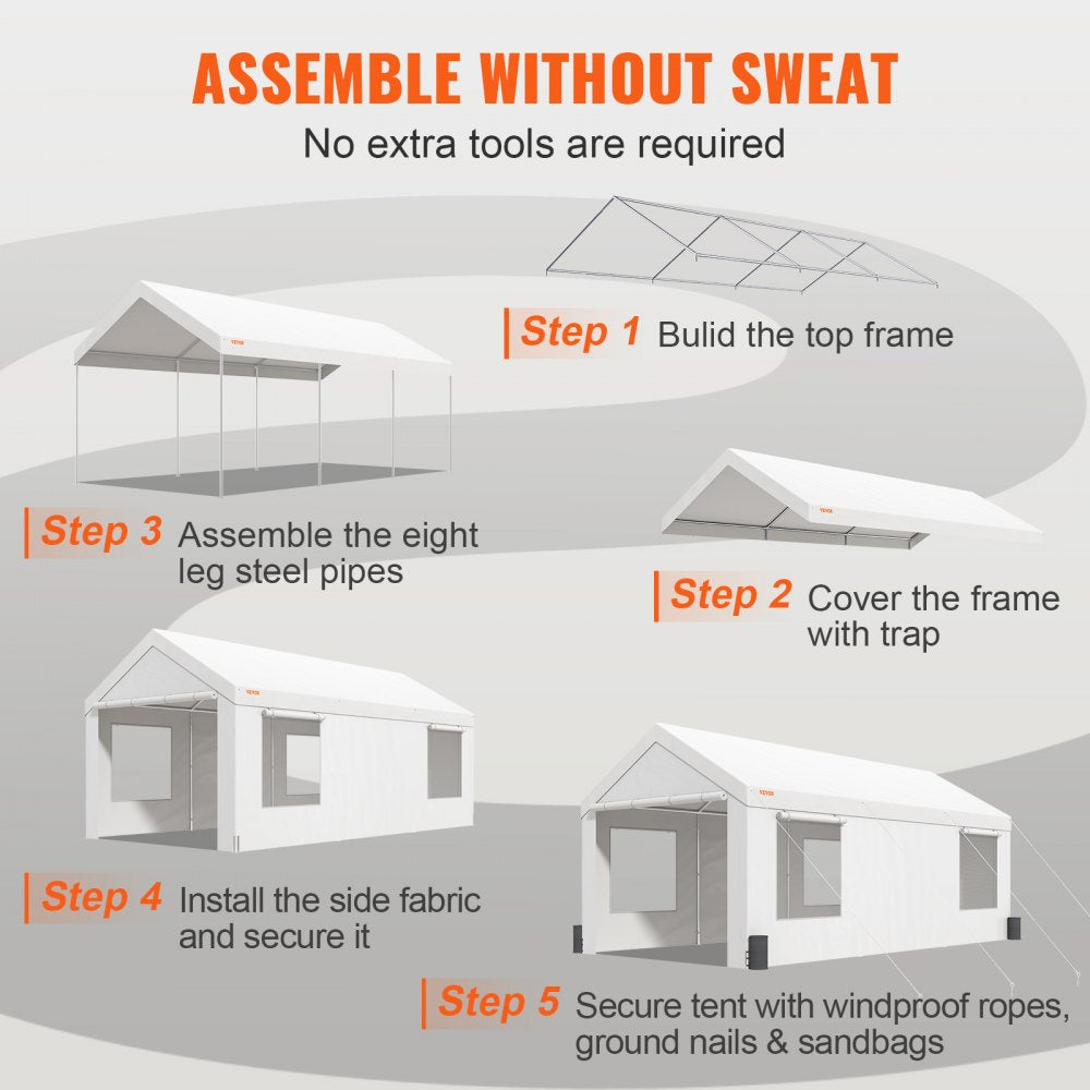 Carport, Heavy Duty 10x20ft Car Canopy, Outdoor Garage Shelter with Removable Sidewalls, Roll-up Ventilated Windows & Doors, UV Resistant Waterproof All-Season Tarp for Car, Truck, Boat, White