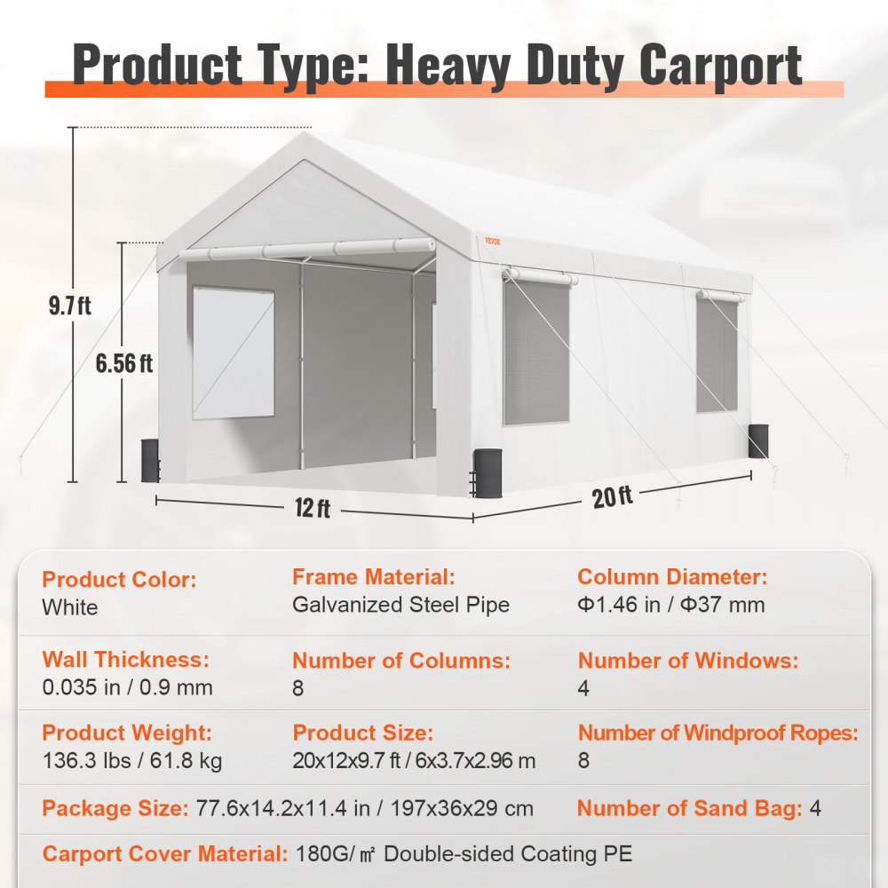 Carport, 12 x 20 ft Heavy Duty Car Canopy with Roll-up Ventilated Windows, Extra Large Portable Garage with Removable Sidewalls, Waterproof UV Resistant All-Season Tarp for SUV, Truck, Boat