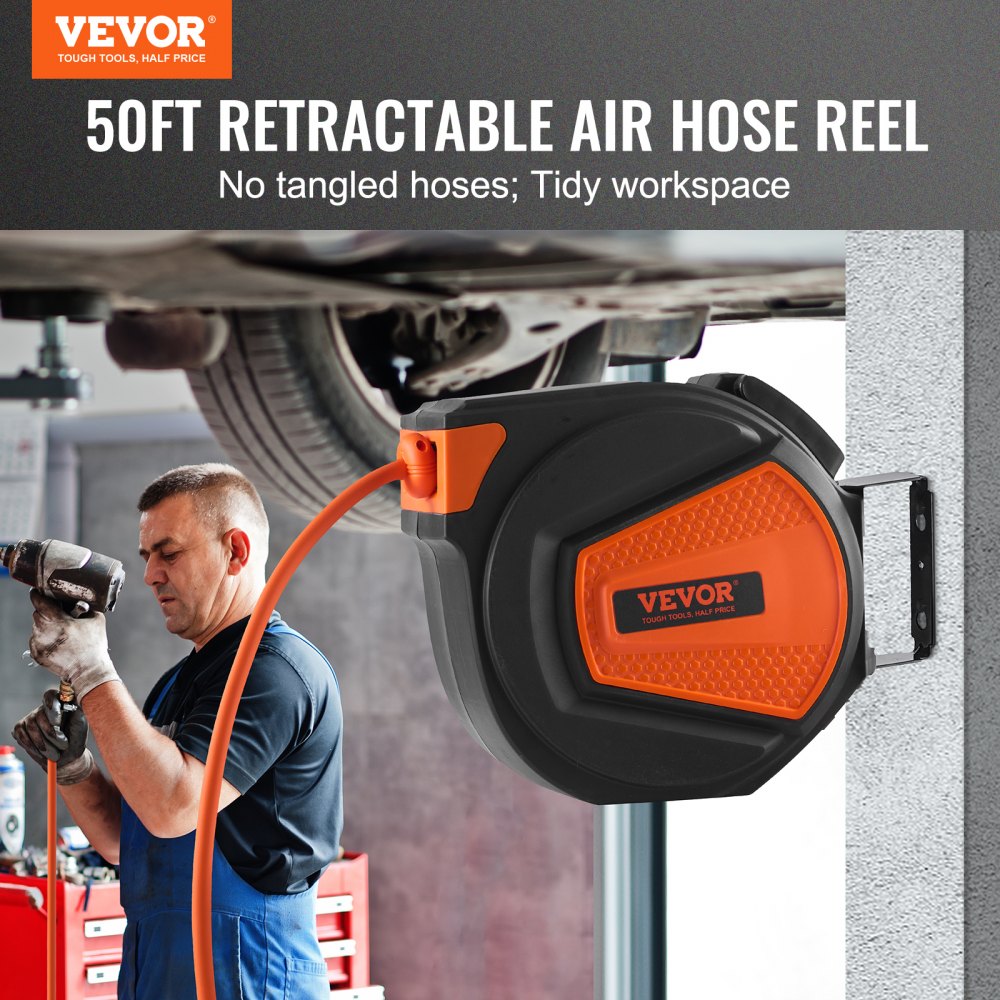Bostome retractable air hose reel with 50ft hose, wall mount, and swivel bracket for easy access.
