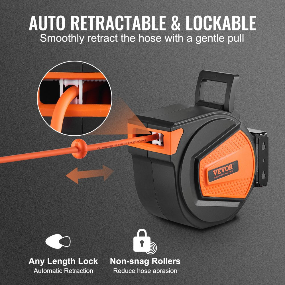 Retractable air hose reel with 50ft polymer hose, wall mount, and auto rewind feature.