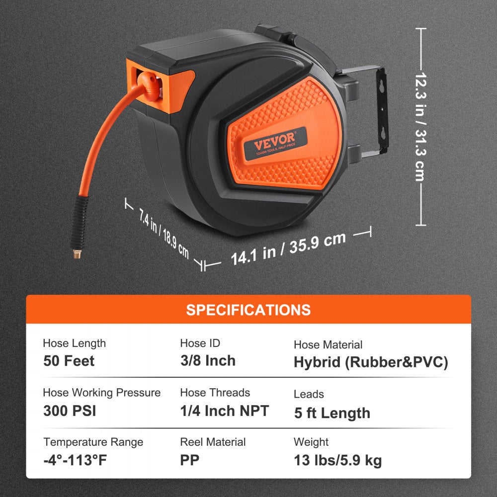Retractable air hose reel with 50ft hose, wall mount, and 300PSI rating for easy use.