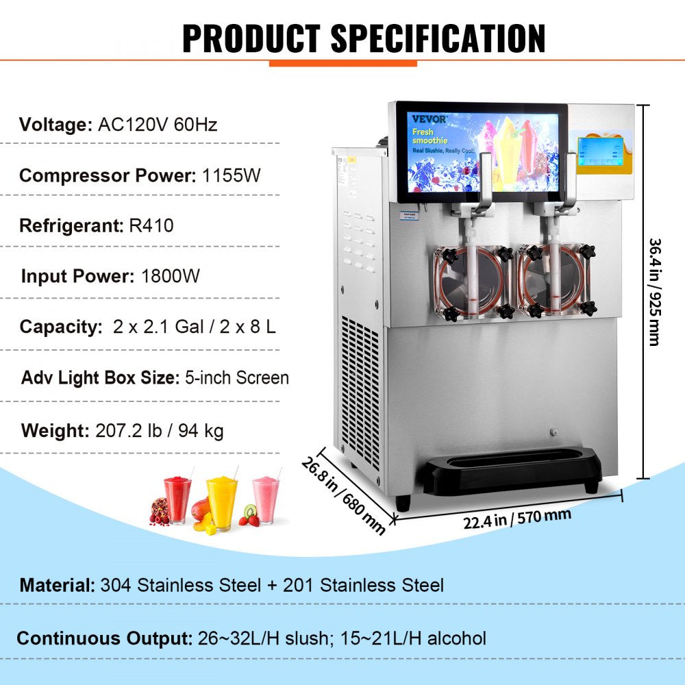 Commercial Slushy Machine, 8L / 2.1 Gal Double Bowl Margarita Machine, 1155W Stainless Steel Margarita Smoothie Frozen Drink Maker, Slushie Machine for Party Cafes Restaurants Bars Home