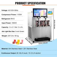 Commercial Slushy Machine, 8L / 2.1 Gal Double Bowl Margarita Machine, 1155W Stainless Steel Margarita Smoothie Frozen Drink Maker, Slushie Machine for Party Cafes Restaurants Bars Home