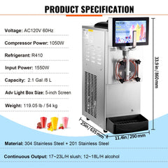 Commercial Slushy Machine, 8L / 2.1 Gal Single Bowl, Cool and Freeze Modes, 1050W Stainless Steel Margarita Smoothie Frozen Drink Maker, Slushie Machine for Party Cafes Restaurants Bars Home