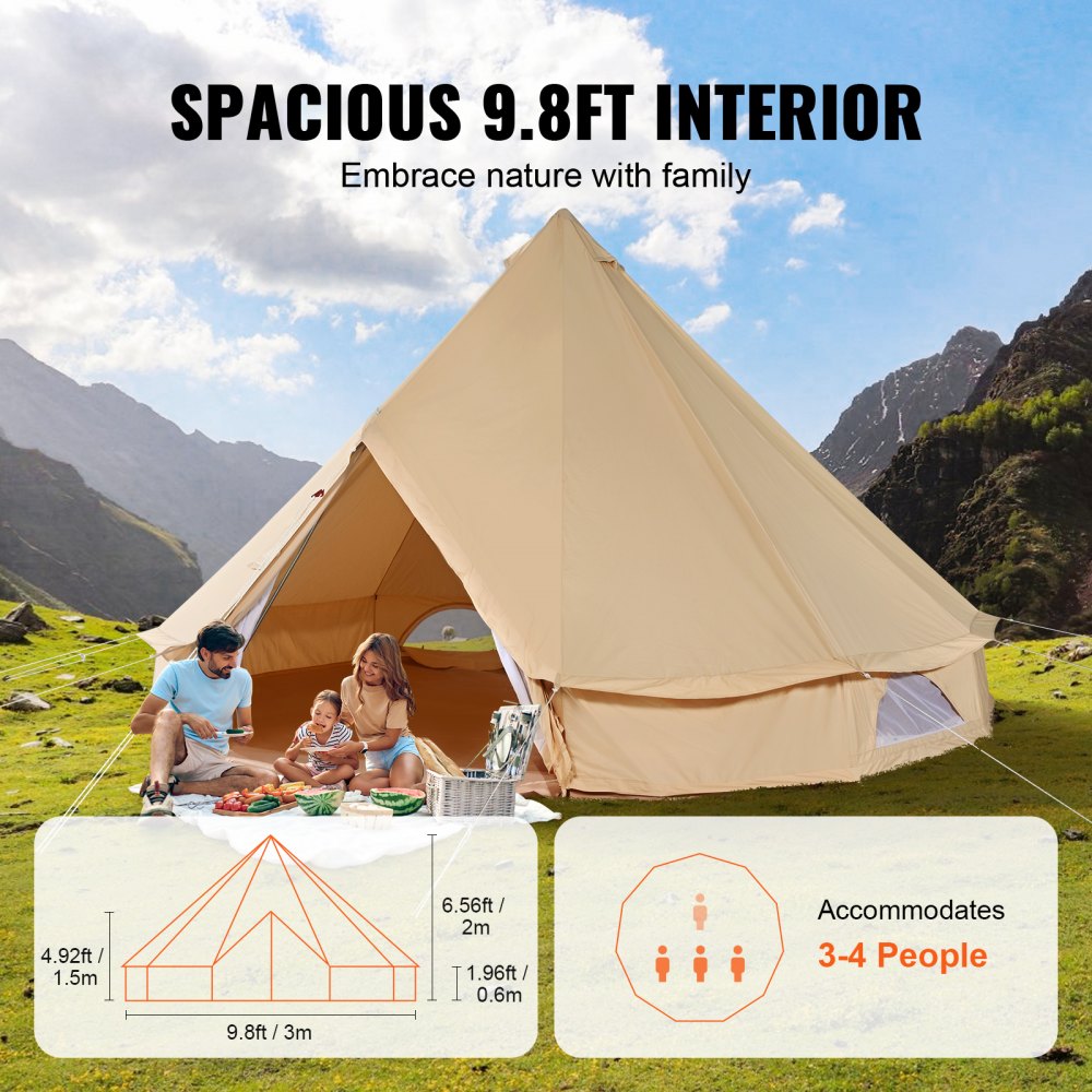 3-5 Person Canvas Glamping Bell Tent, Breathable Waterproof Yurt Tent with Stove Jack and Detachable Side Wall for Family Camping, 10`x 10`x98"(Diameter 3M)