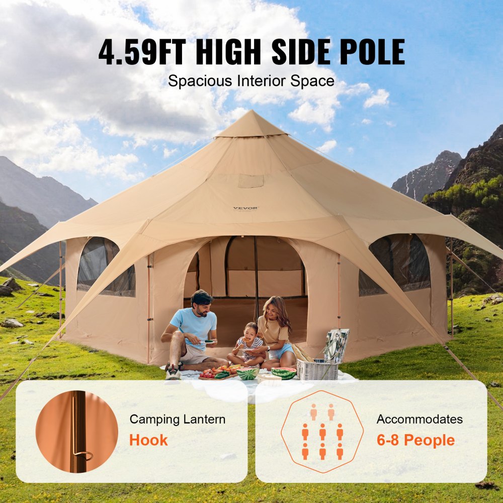 Canvas Tent, 4 Seasons 5 m/16.4 ft Bell Tent, Canvas Tent for Camping with Stove Jack, Breathable Yurt Tent for up to 8 People, Family Camping Outdoor Hunting Party