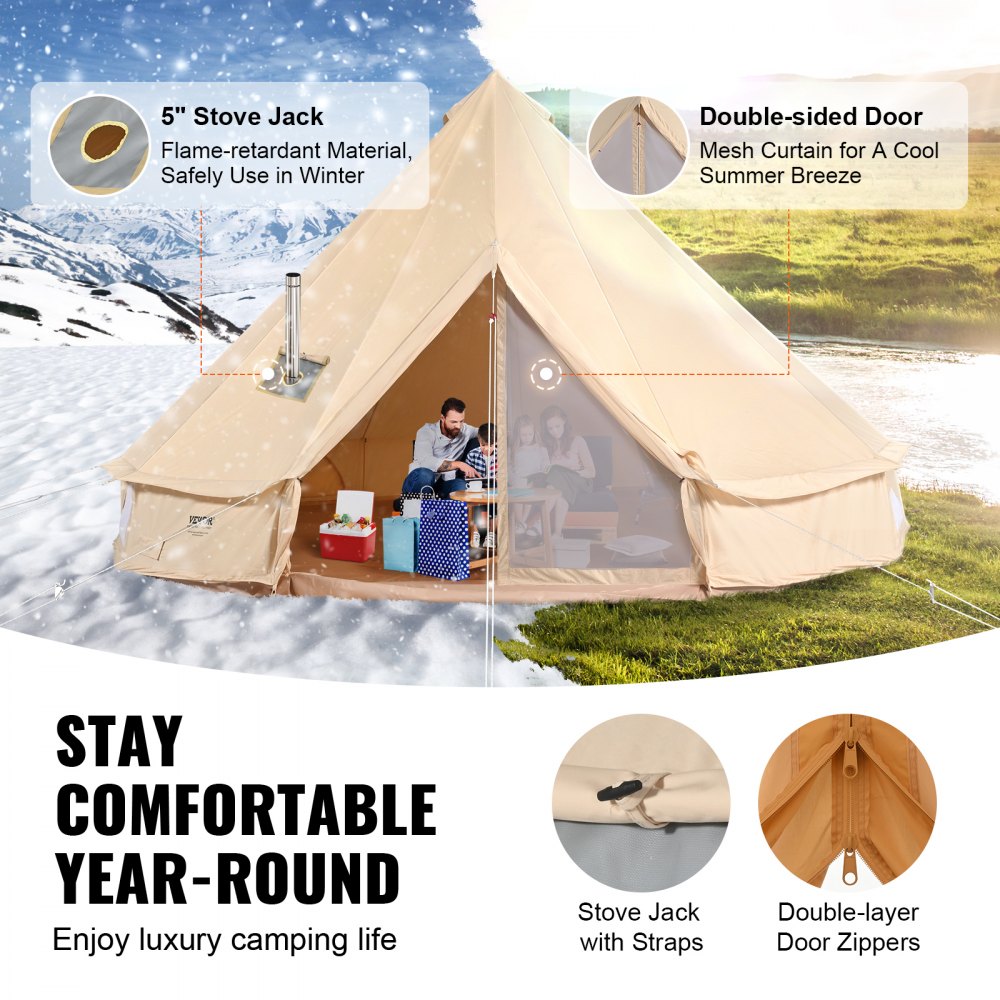 10-12 Person Canvas Glamping Bell Tent, Breathable Waterproof Yurt Tent with Stove Jack and Detachable Side Wall for Family Camping, 20`x20`x138"(Diameter 6M)
