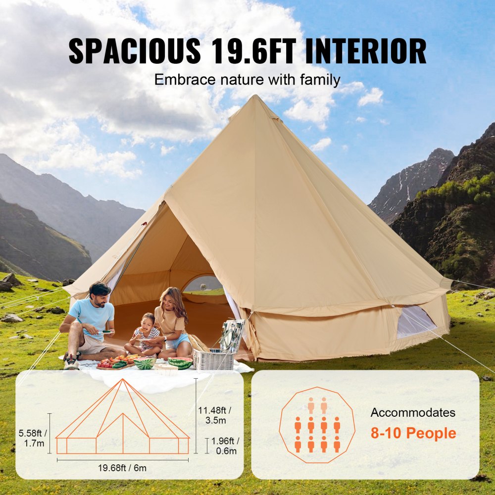 10-12 Person Canvas Glamping Bell Tent, Breathable Waterproof Yurt Tent with Stove Jack and Detachable Side Wall for Family Camping, 20`x20`x138"(Diameter 6M)