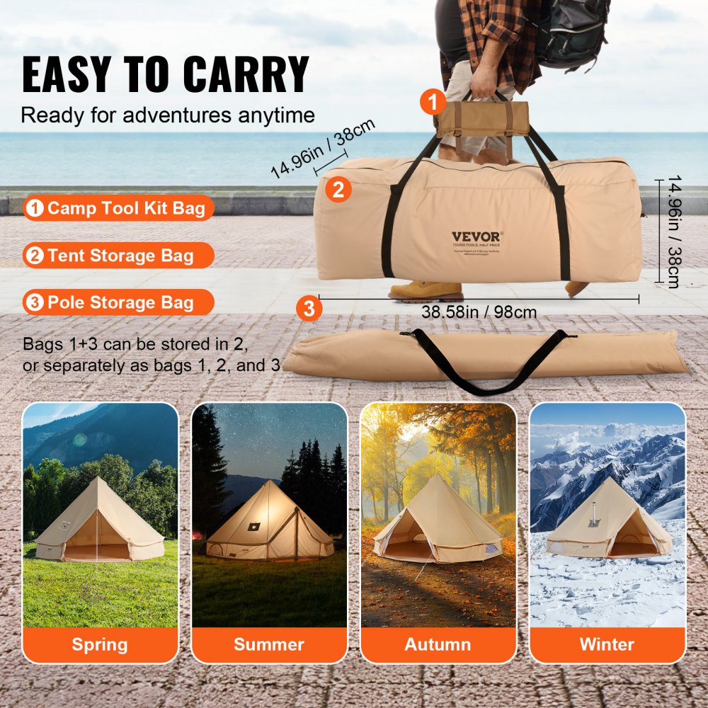 10-12 Person Canvas Glamping Bell Tent, Breathable Waterproof Yurt Tent with Stove Jack and Detachable Side Wall for Family Camping, 20`x20`x138"(Diameter 6M)