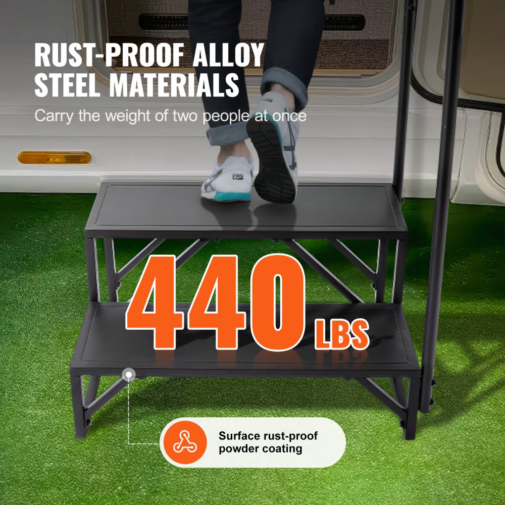 RV Steps, 2-Step RV Stairs, 440 LBS Load Capacity, Thickened Carbon Steel, With Handrail, Non-Slip Steps for Safe Entry and Exit, Suit for RV, Trailer, Camper Steps