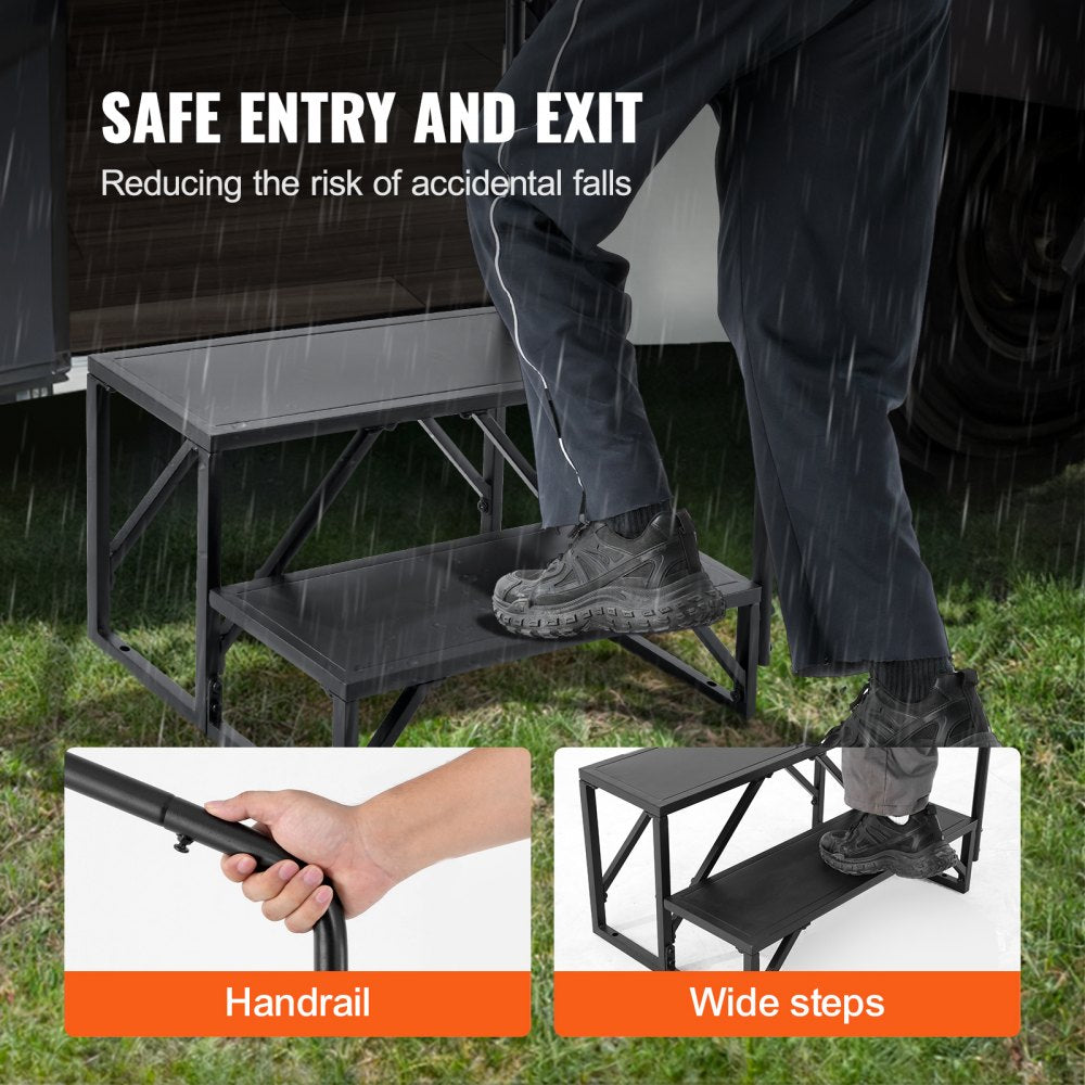 RV Steps, 2-Step RV Stairs, 440 LBS Load Capacity, Thickened Carbon Steel, With Handrail, Non-Slip Steps for Safe Entry and Exit, Suit for RV, Trailer, Camper Steps