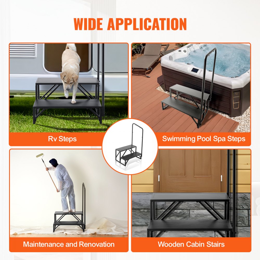 RV Steps, 2-Step RV Stairs, 440 LBS Load Capacity, Thickened Carbon Steel, With Handrail, Non-Slip Steps for Safe Entry and Exit, Suit for RV, Trailer, Camper Steps