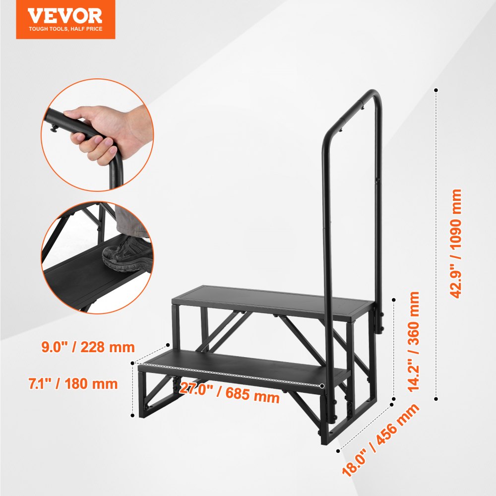 RV Steps, 2-Step RV Stairs, 440 LBS Load Capacity, Thickened Carbon Steel, With Handrail, Non-Slip Steps for Safe Entry and Exit, Suit for RV, Trailer, Camper Steps