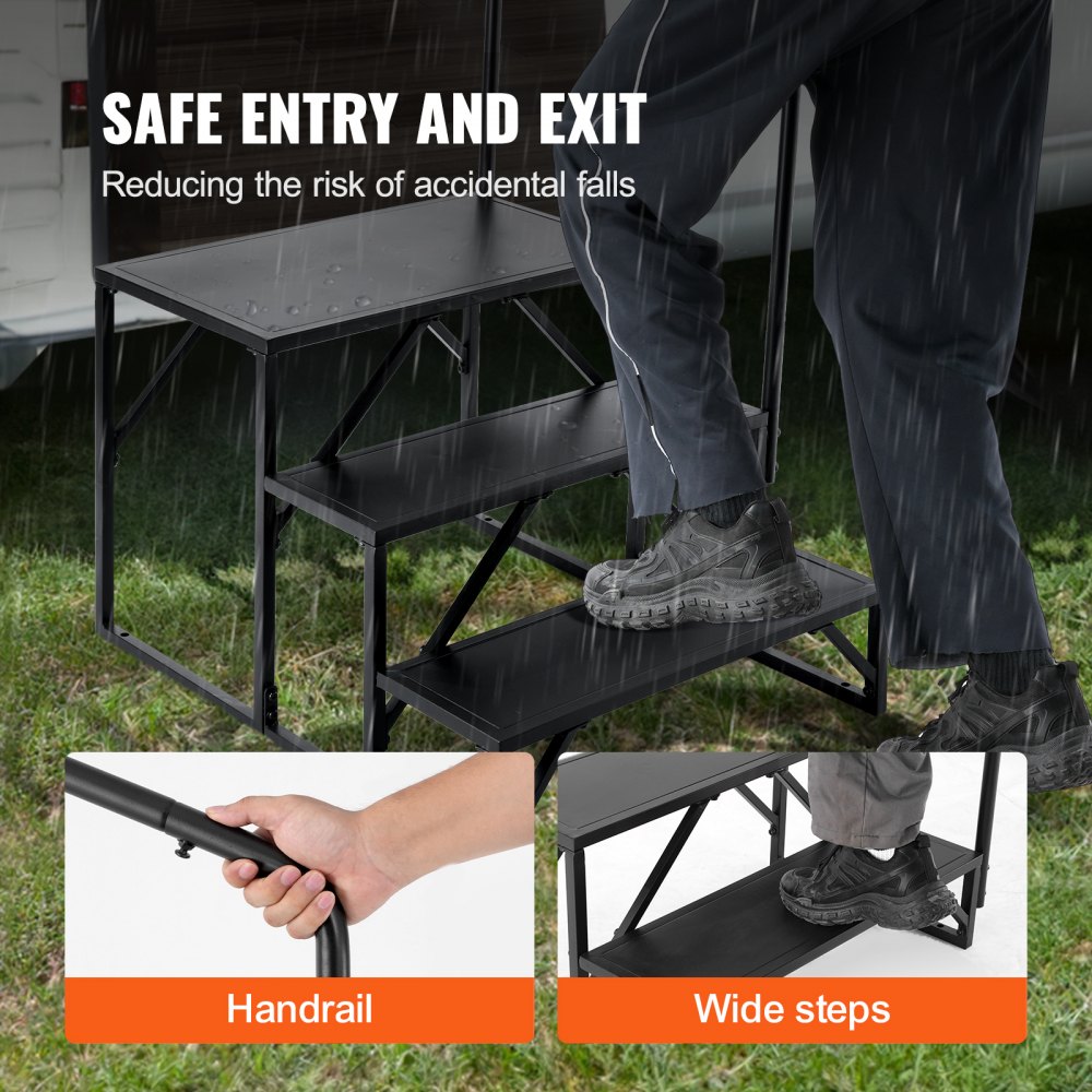 RV Steps, 3-Step RV Stairs, 440 LBS Load Capacity, Thickened Carbon Steel, With Handrail, Non-Slip Steps for Safe Entry and Exit, Suit for RV, Trailer, Camper Steps