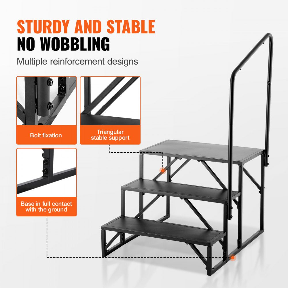 RV Steps, 3-Step RV Stairs, 440 LBS Load Capacity, Thickened Carbon Steel, With Handrail, Non-Slip Steps for Safe Entry and Exit, Suit for RV, Trailer, Camper Steps