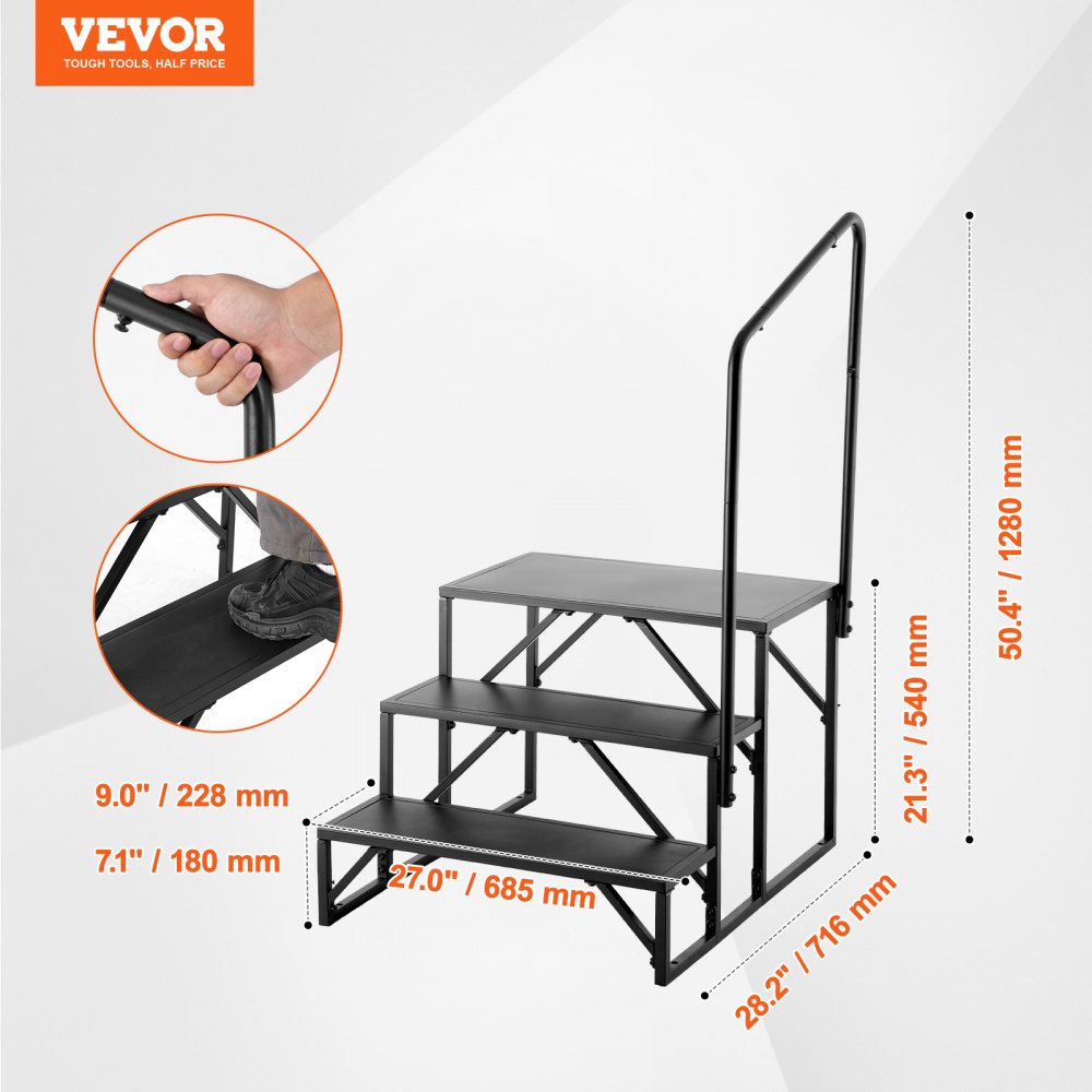 RV Steps, 3-Step RV Stairs, 440 LBS Load Capacity, Thickened Carbon Steel, With Handrail, Non-Slip Steps for Safe Entry and Exit, Suit for RV, Trailer, Camper Steps