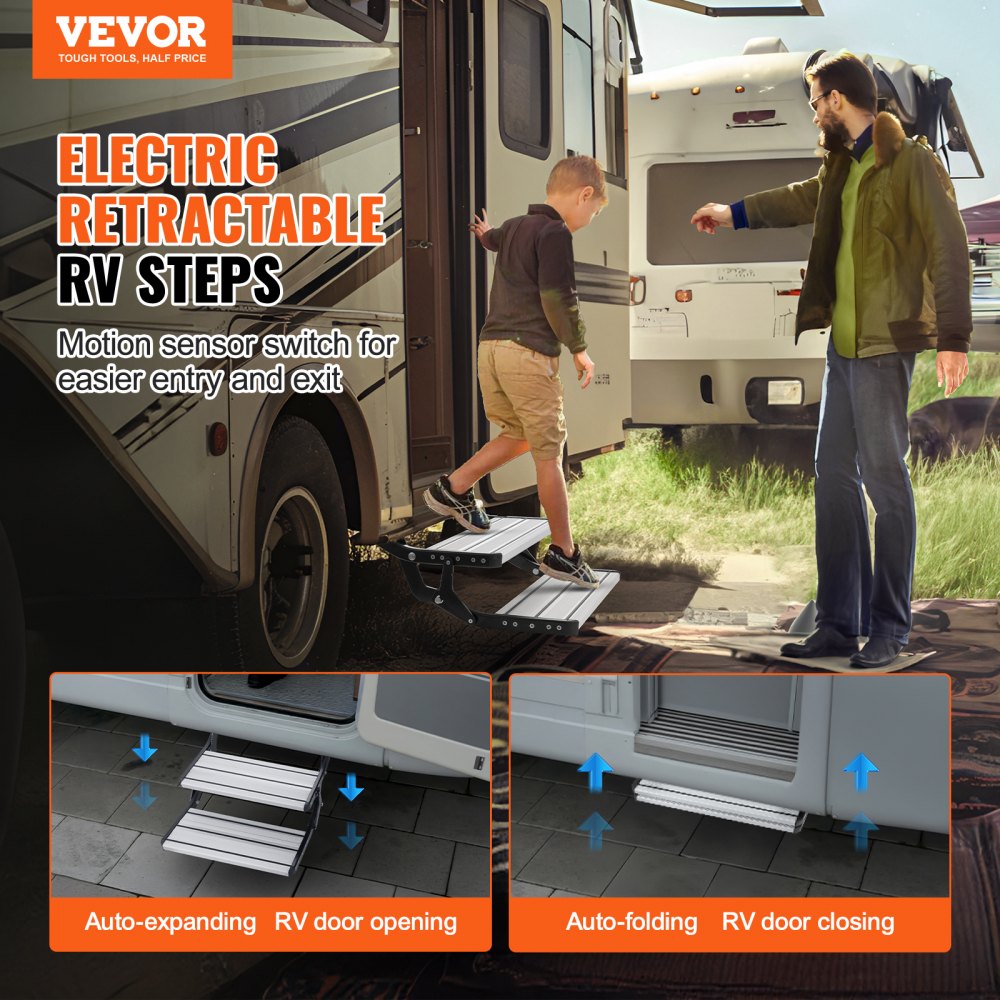 RV Steps, 2-Step, Electric Retractable RV Stairs DC 12V, Auto-Folding, 440 LBS Load Capacity, Aluminum Alloy Steps, Non-Slip Steps for Safe Entry and Exit, RV, Trailer, Camper Steps