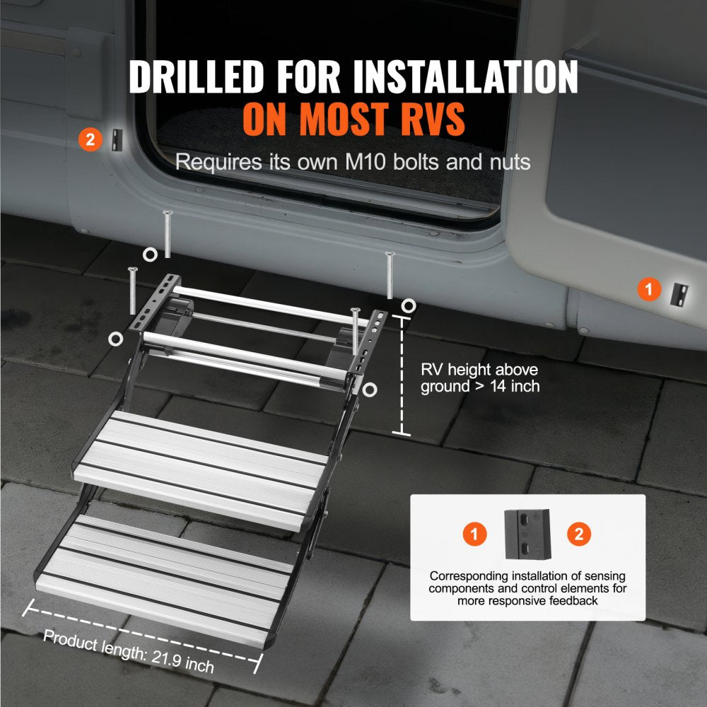 RV Steps, 2-Step, Electric Retractable RV Stairs DC 12V, Auto-Folding, 440 LBS Load Capacity, Aluminum Alloy Steps, Non-Slip Steps for Safe Entry and Exit, RV, Trailer, Camper Steps