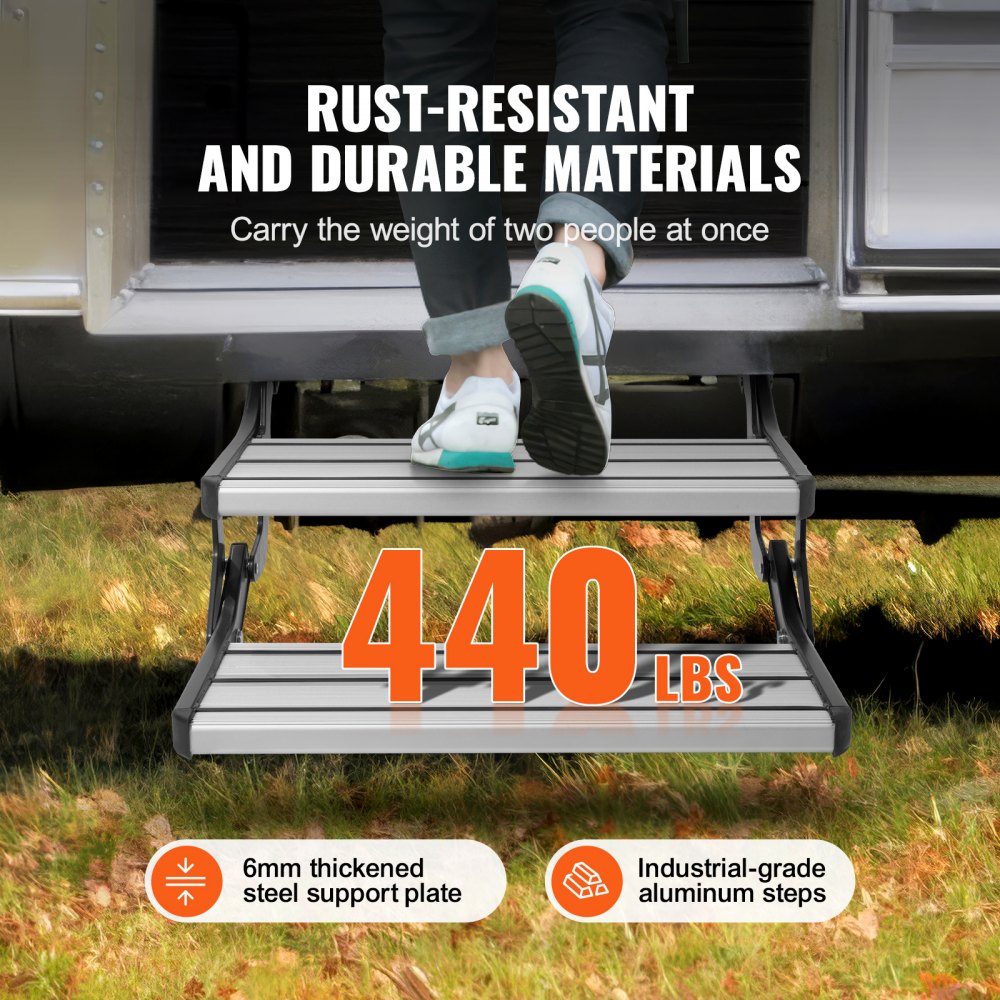 RV Steps, 2-Step, Electric Retractable RV Stairs DC 12V, Auto-Folding, 440 LBS Load Capacity, Aluminum Alloy Steps, Non-Slip Steps for Safe Entry and Exit, RV, Trailer, Camper Steps