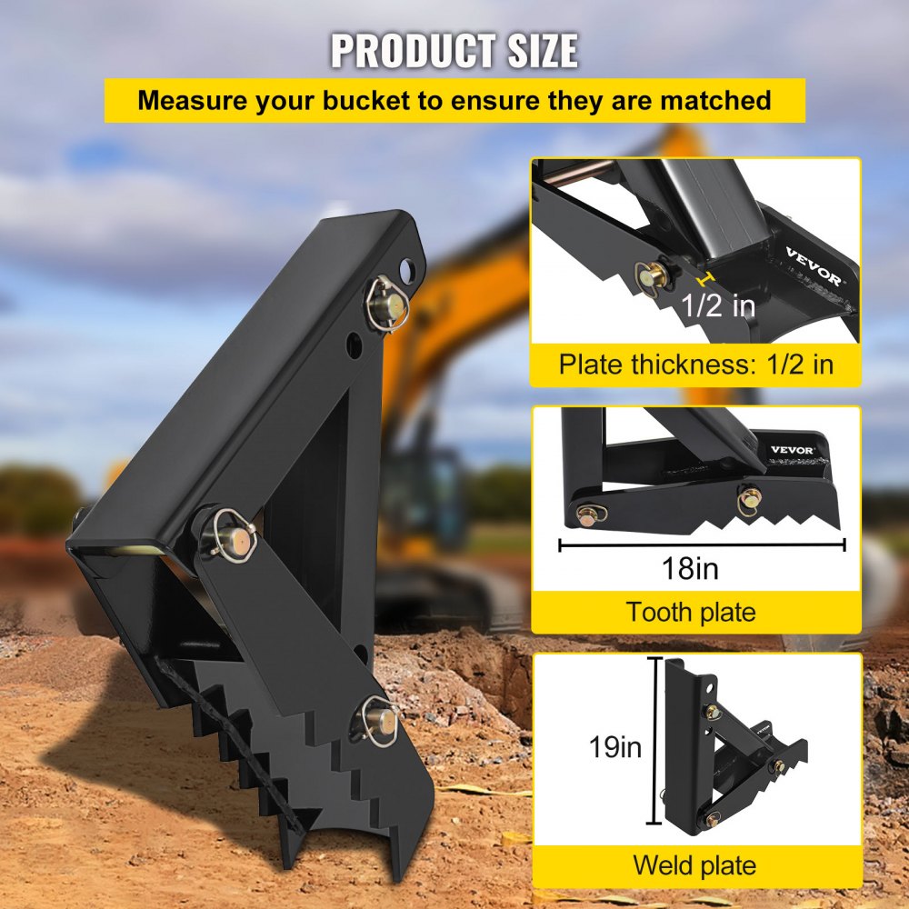 18" Backhoe Thumb, 1/2" Teeth Thickness Heavy Duty Excavator Thumb, Black Steel Weld On Thumb Attachments with 12mm Bolt-On Design Adjustable Mechanical Thumb for Backhoe/Excavator