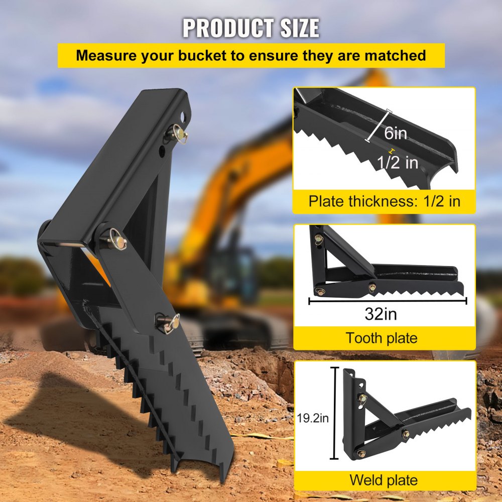 32 inch Backhoe Excavator Thumb Attachments Weld On Adjustable Boom Tractor Excavator 1/2Inch Teeth Thick Steel Plate Assembly 12MM Bolt-On Design