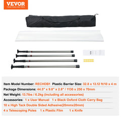 Dust Barrier Poles, Carry Bag, 10 Ft Poles with 4 Telescoping Poles, and 32.8x13.12 Ft Plastic Film, for Interior Decoration and Painting Projects
