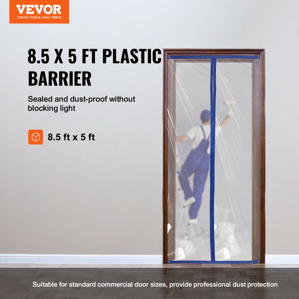 Dust Barrier, 8.5 x 5 Ft Dust Barrier Door Kit, with Magnetic Self-Closing Zipper, PE Construction Door Cover for Dust Containment, Reusable Dust Protection Wall for Living Room Bathroom Remodel