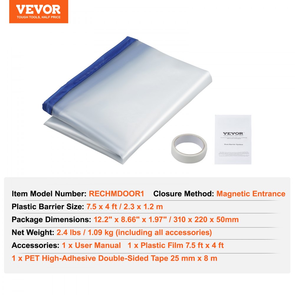 Dust Barrier, 7.5 x 4 ft Dust Barrier Door Kit, PE Construction Door Cover for Dust Containment, with Magnetic Self-Closing Zipper, Dust Protection Wall for Bathroom Living Room Remodel