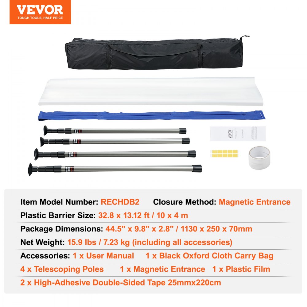 Dust Barrier Poles, 12 Ft Barrier Poles, Dust Barrier System with 4 Telescoping Poles, Carry Bag and 32.8x13.12 Ft Plastic Film, for Interior Decoration, Painting