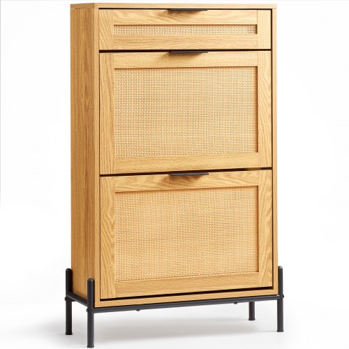 Rattan Shoe Cabinet Shoe Organizer with 2 Flip Drawers & 1 Slide Drawer