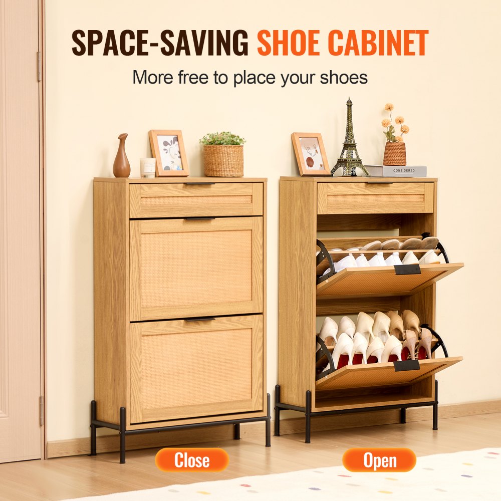 Rattan Shoe Cabinet Shoe Organizer with 2 Flip Drawers & 1 Slide Drawer