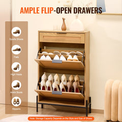 Rattan Shoe Cabinet Shoe Organizer with 2 Flip Drawers & 1 Slide Drawer