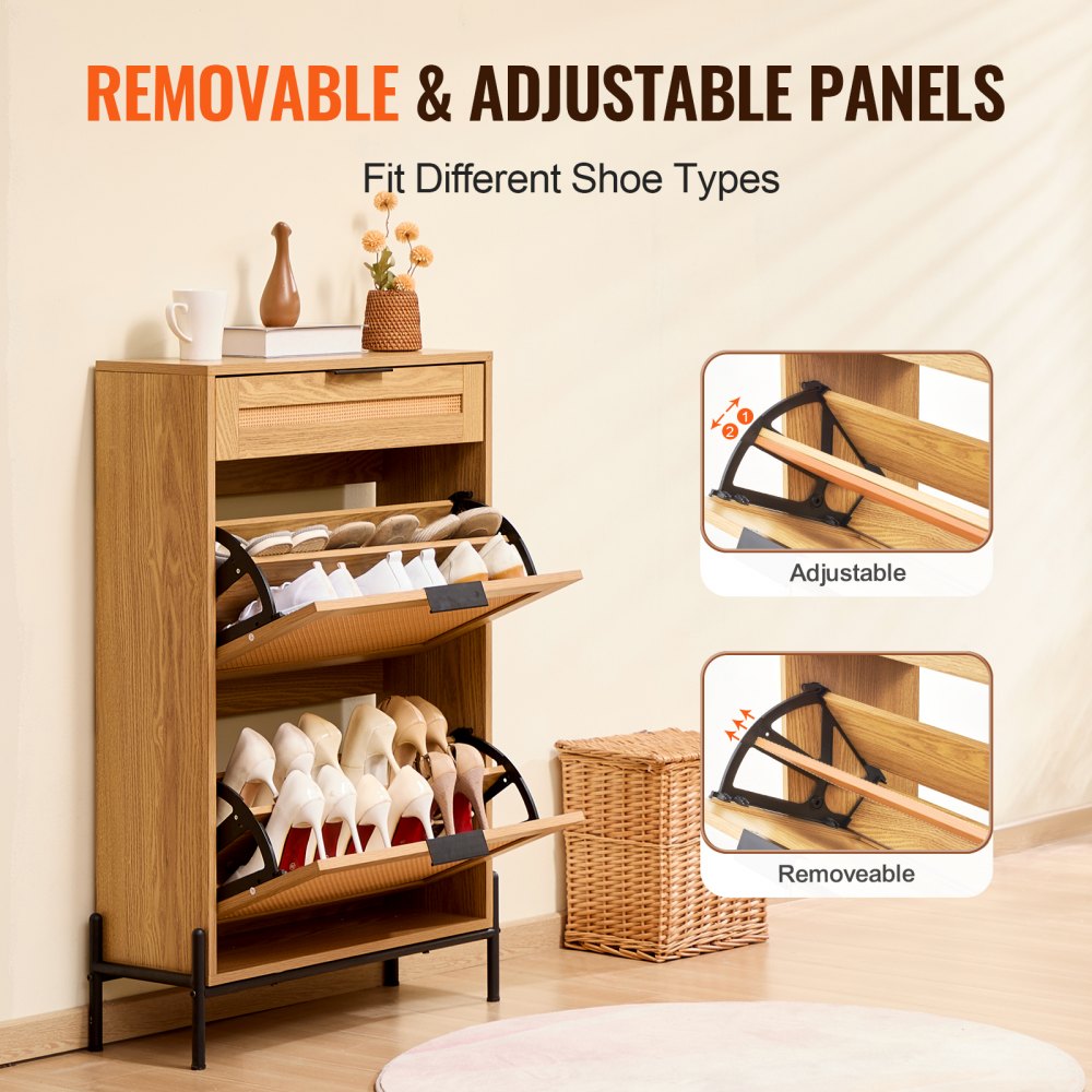 Rattan Shoe Cabinet Shoe Organizer with 2 Flip Drawers & 1 Slide Drawer
