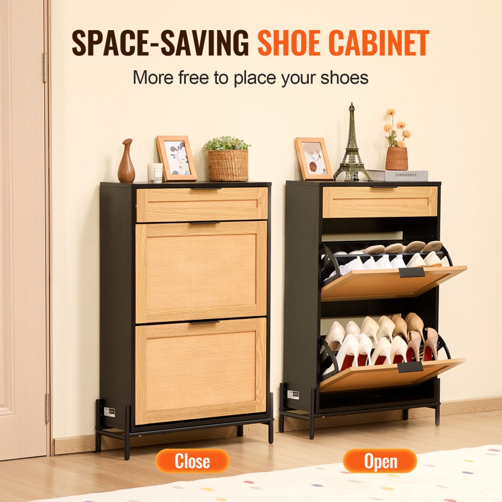 Rattan Shoe Cabinet Shoe Organizer 2 Flip Drawers & 1 Slide Drawer Black