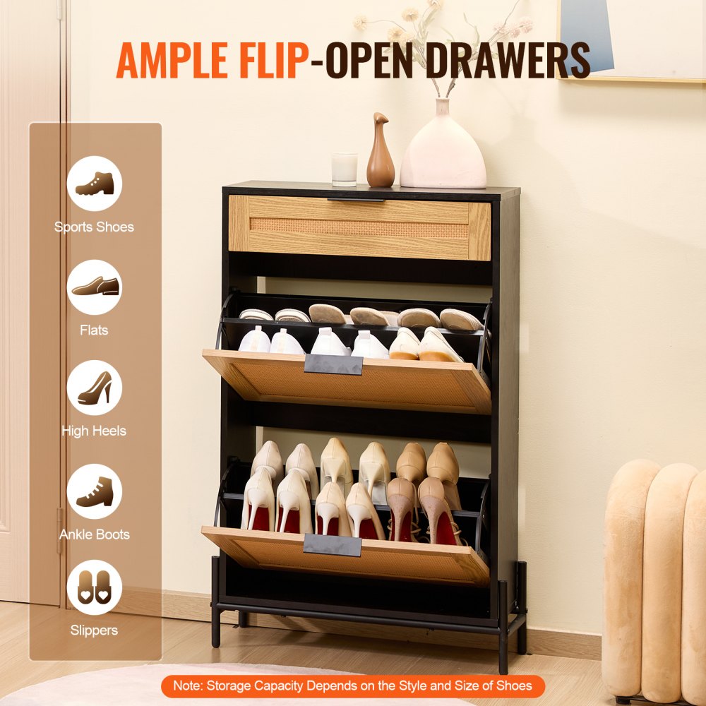 Rattan Shoe Cabinet Shoe Organizer 2 Flip Drawers & 1 Slide Drawer Black