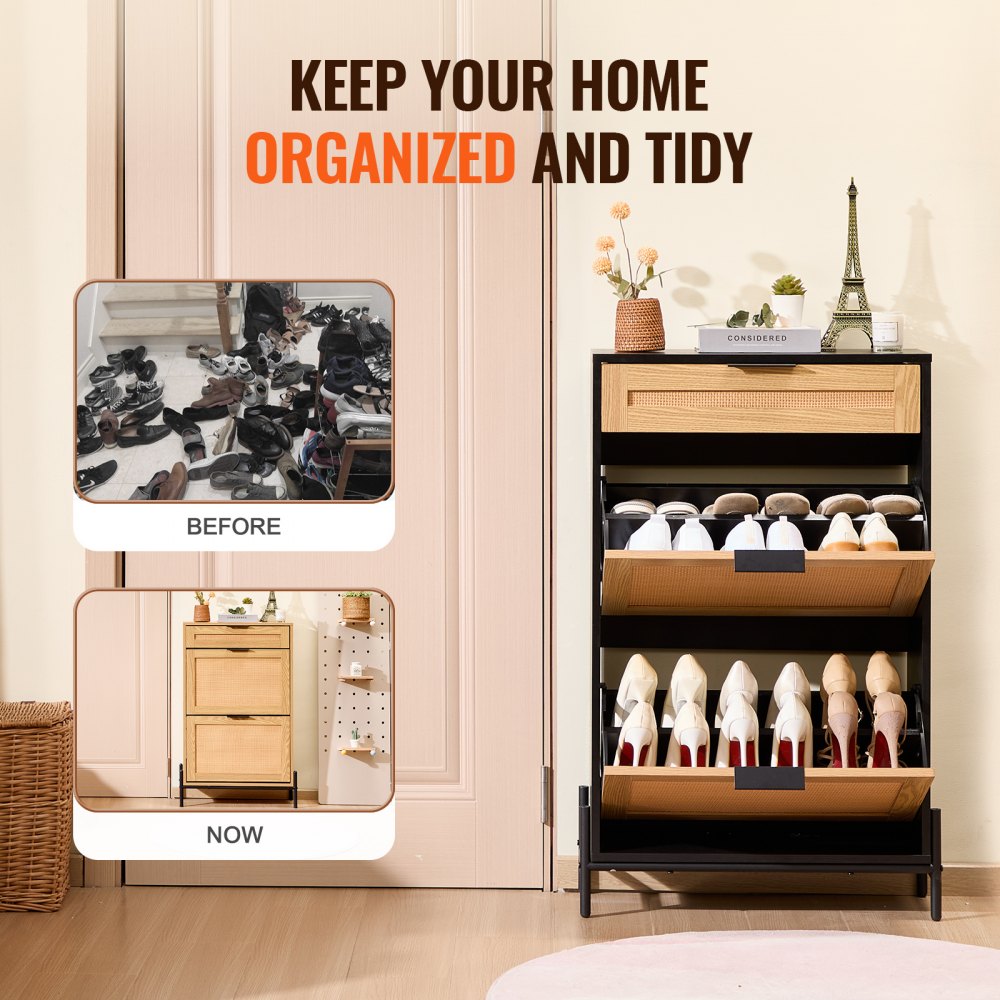 Rattan Shoe Cabinet Shoe Organizer 2 Flip Drawers & 1 Slide Drawer Black